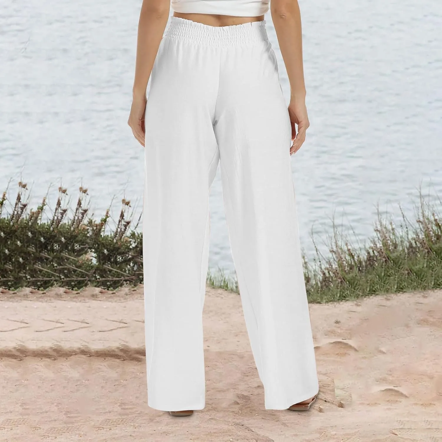 2025 Women's Casual Cotton Linen Pants with Pockets Summer Relax Fit Elastic Waist Straight Leg Trouser Pants