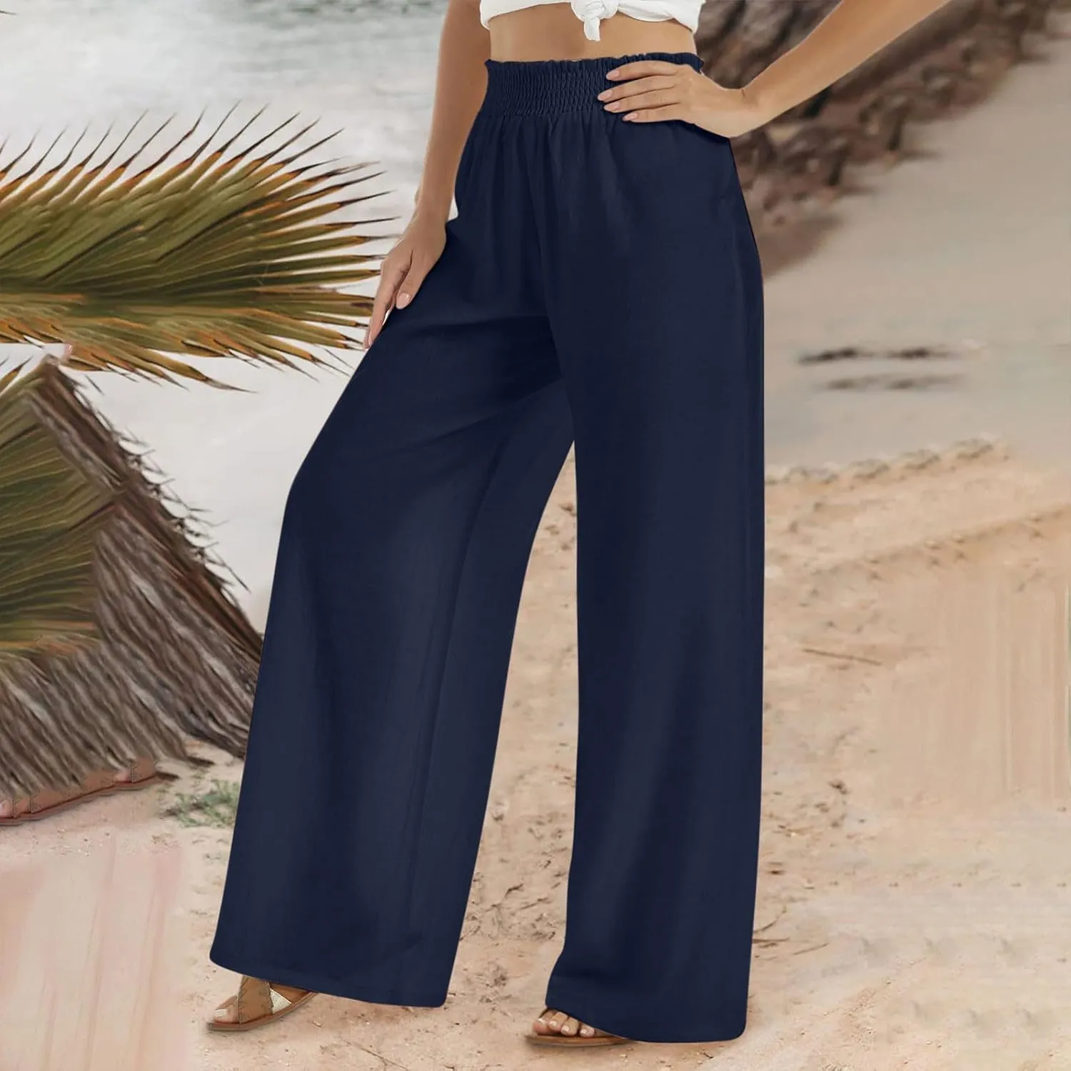 2025 Women's Casual Cotton Linen Pants with Pockets Summer Relax Fit Elastic Waist Straight Leg Trouser Pants