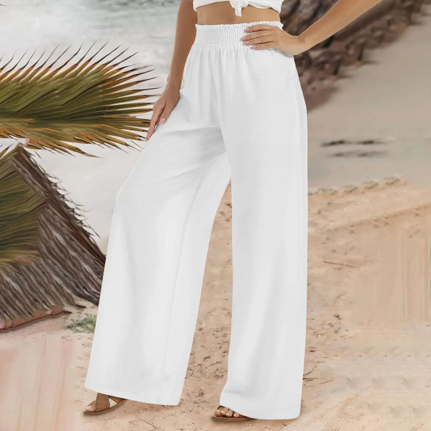 2025 Women's Casual Cotton Linen Pants with Pockets Summer Relax Fit Elastic Waist Straight Leg Trouser Pants