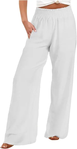 2025 Women's Casual Cotton Linen Pants with Pockets Summer Relax Fit Elastic Waist Straight Leg Trouser Pants