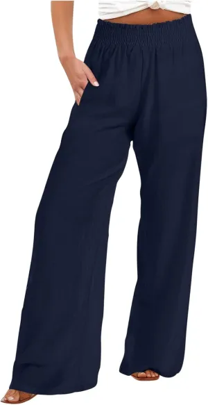 2025 Women's Casual Cotton Linen Pants with Pockets Summer Relax Fit Elastic Waist Straight Leg Trouser Pants