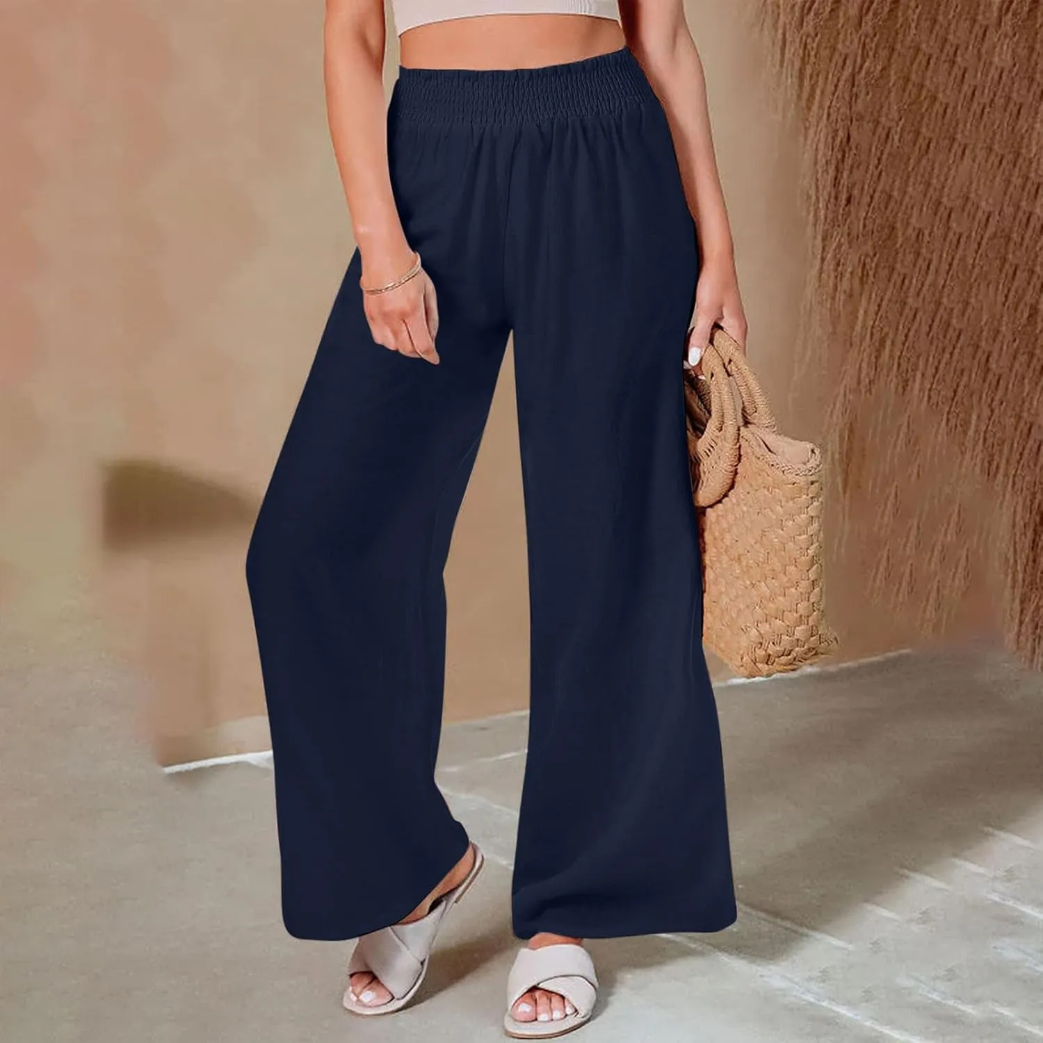 2025 Women's Casual Cotton Linen Pants with Pockets Summer Relax Fit Elastic Waist Straight Leg Trouser Pants