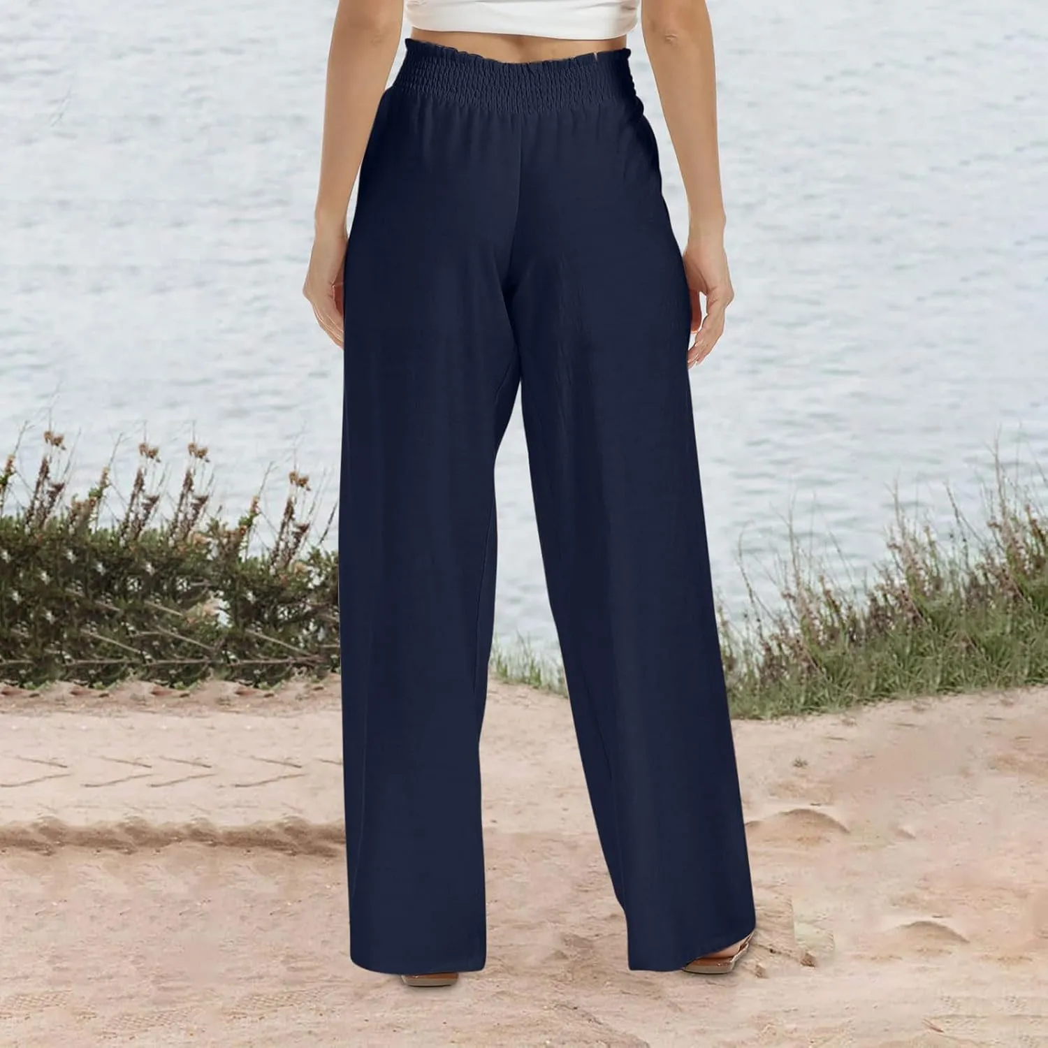 2025 Women's Casual Cotton Linen Pants with Pockets Summer Relax Fit Elastic Waist Straight Leg Trouser Pants