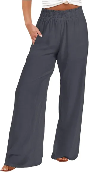 2025 Women's Casual Cotton Linen Pants with Pockets Summer Relax Fit Elastic Waist Straight Leg Trouser Pants