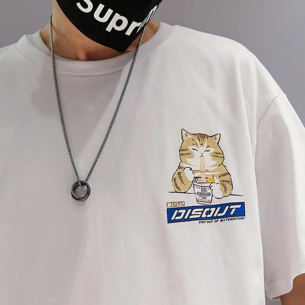 Aelfric Eden Mens Ramen Cat Graphic Tee Oversized Shirts Summer Unisex Printed Casual Harajuku Top Tshirt