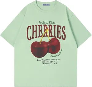 Aelfric Eden Oversized Graphic Tees Unisex Cherries Print T Shirts Casual Summer Short Sleeve Top Cotton Cute Tee Shirt