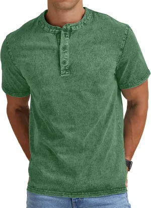Aimeilgot Mens Distressed Henley Shirts Casual Washed T-Shirts Retro Short Sleeve Tee Cotton Shirts