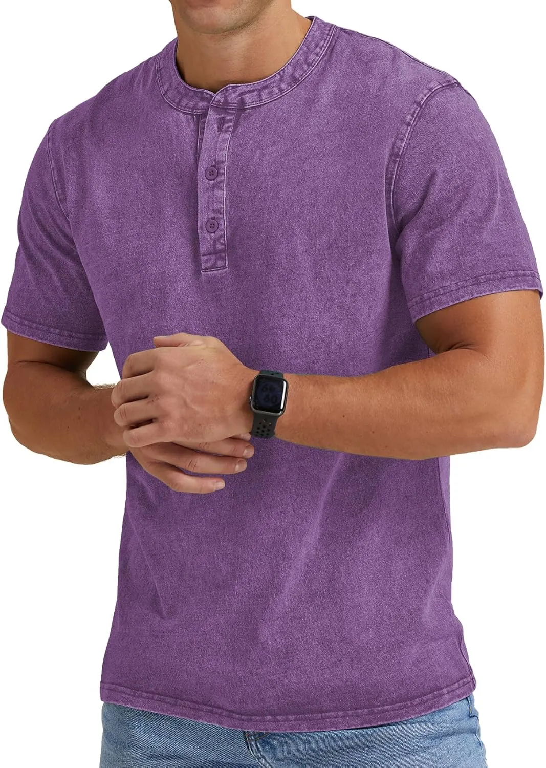 Aimeilgot Mens Distressed Henley Shirts Casual Washed T-Shirts Retro Short Sleeve Tee Cotton Shirts