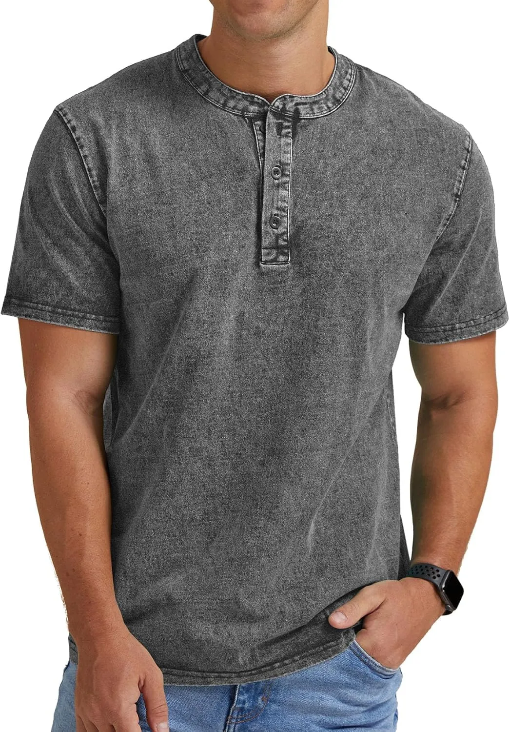 Aimeilgot Mens Distressed Henley Shirts Casual Washed T-Shirts Retro Short Sleeve Tee Cotton Shirts
