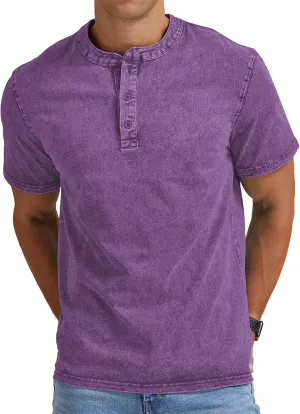Aimeilgot Mens Distressed Henley Shirts Casual Washed T-Shirts Retro Short Sleeve Tee Cotton Shirts
