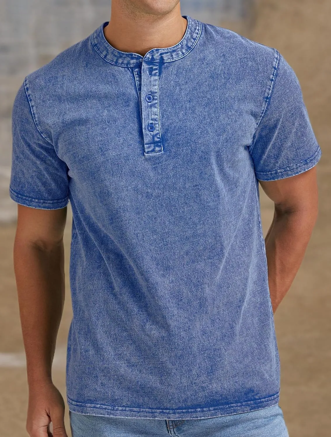 Aimeilgot Mens Distressed Henley Shirts Casual Washed T-Shirts Retro Short Sleeve Tee Cotton Shirts