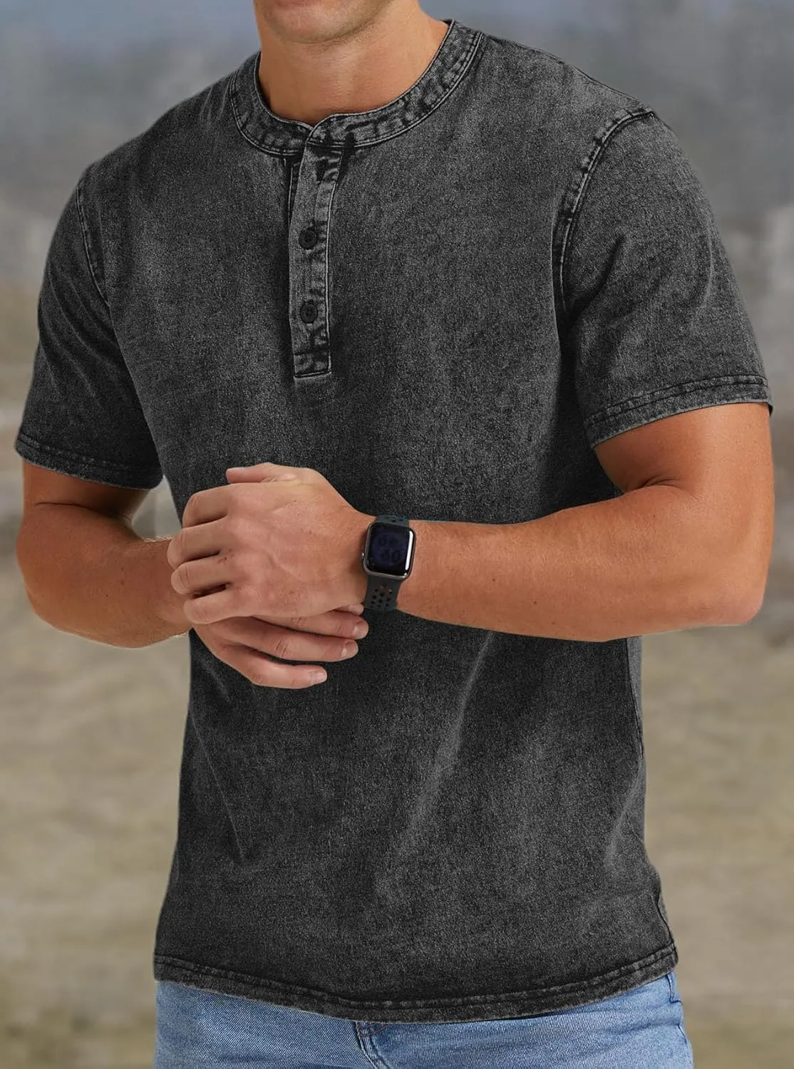 Aimeilgot Mens Distressed Henley Shirts Casual Washed T-Shirts Retro Short Sleeve Tee Cotton Shirts