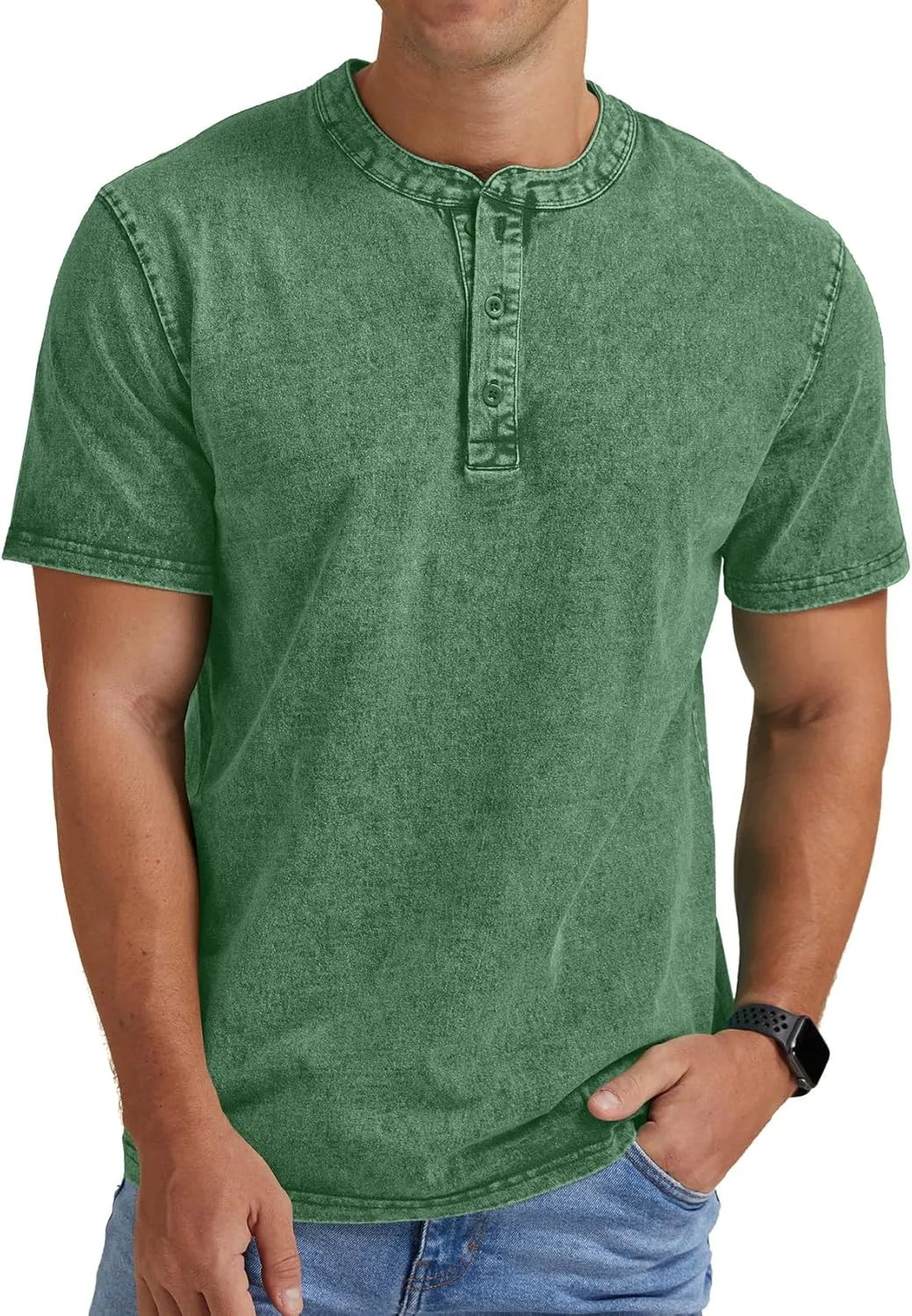 Aimeilgot Mens Distressed Henley Shirts Casual Washed T-Shirts Retro Short Sleeve Tee Cotton Shirts