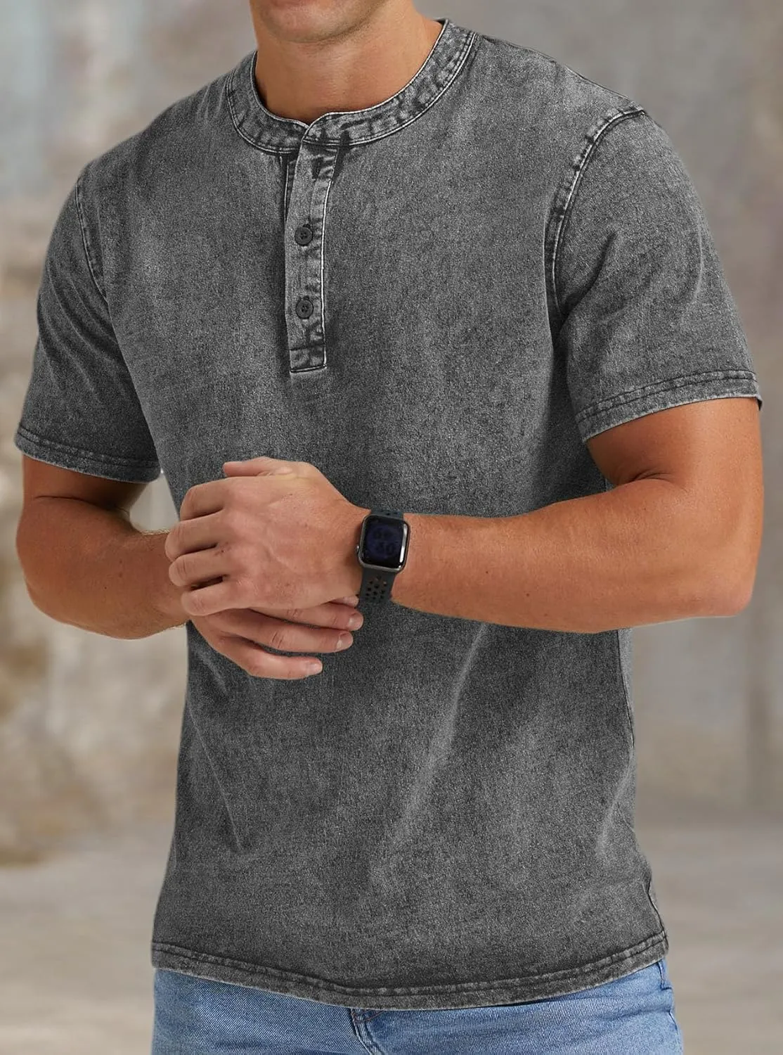 Aimeilgot Mens Distressed Henley Shirts Casual Washed T-Shirts Retro Short Sleeve Tee Cotton Shirts