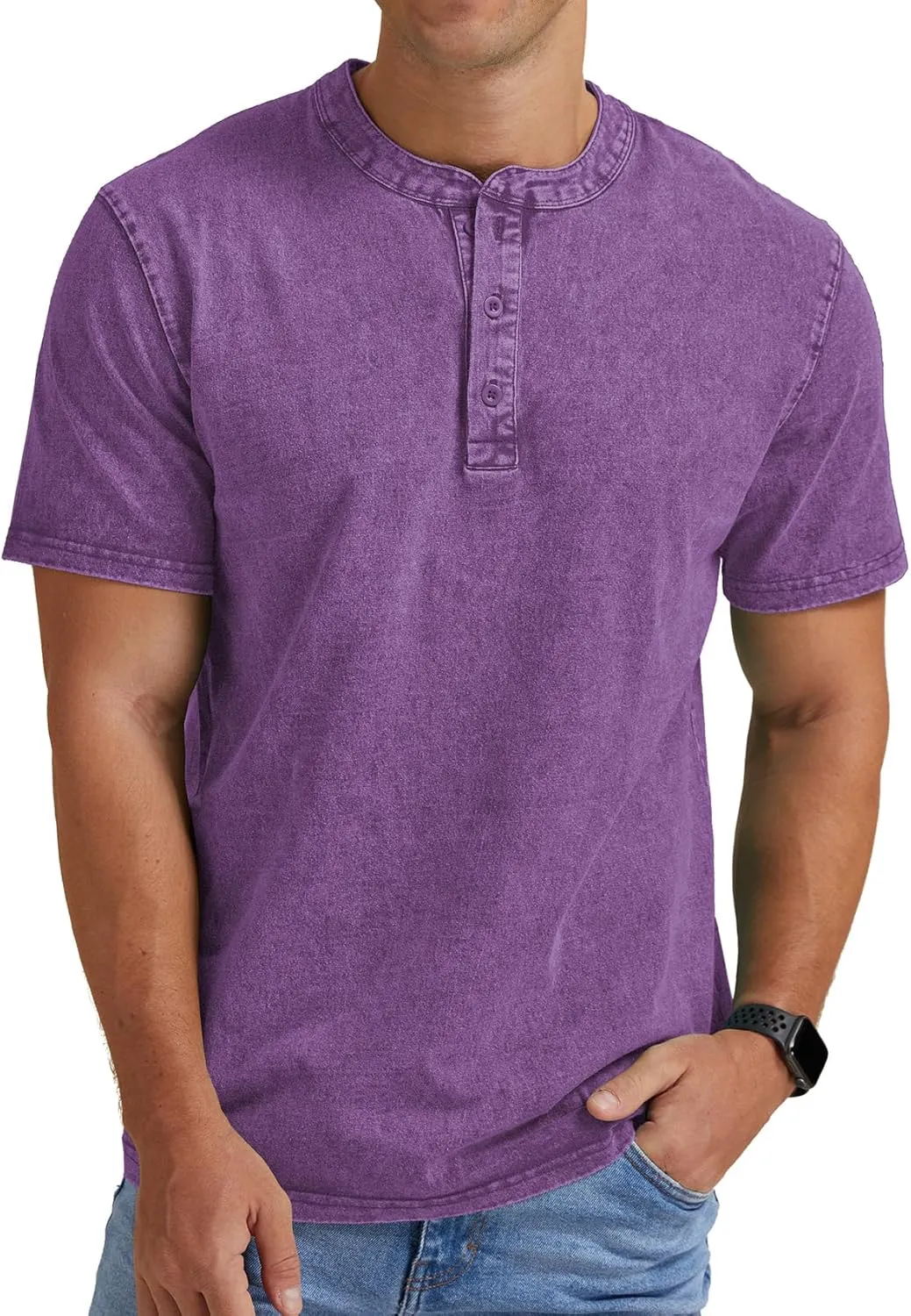 Aimeilgot Mens Distressed Henley Shirts Casual Washed T-Shirts Retro Short Sleeve Tee Cotton Shirts