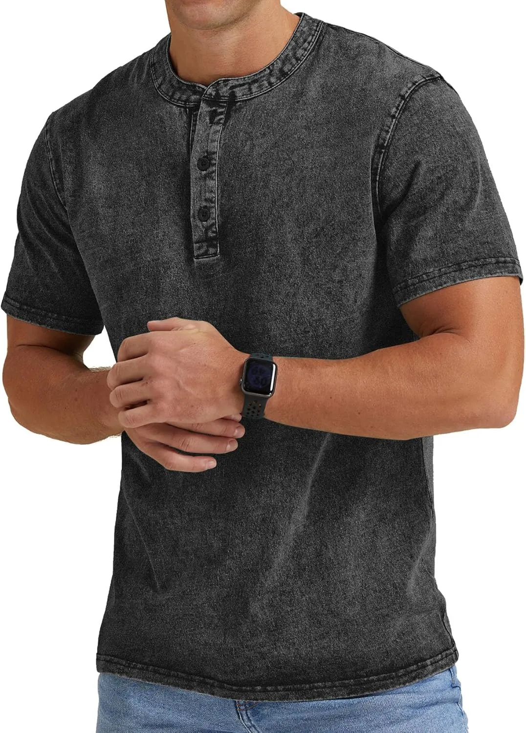 Aimeilgot Mens Distressed Henley Shirts Casual Washed T-Shirts Retro Short Sleeve Tee Cotton Shirts