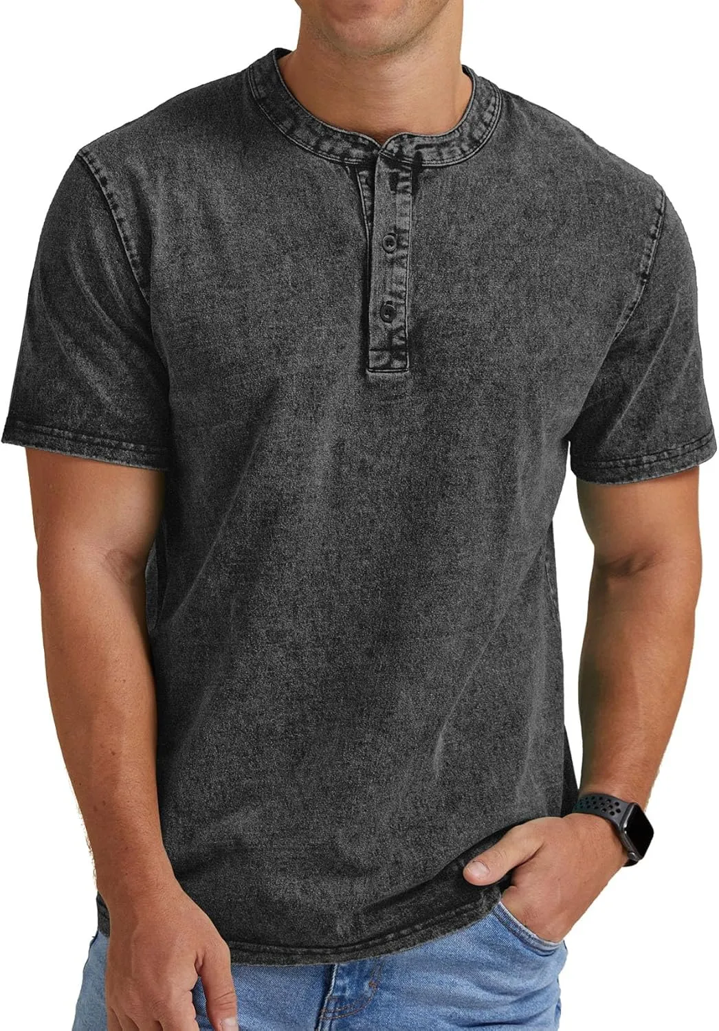 Aimeilgot Mens Distressed Henley Shirts Casual Washed T-Shirts Retro Short Sleeve Tee Cotton Shirts