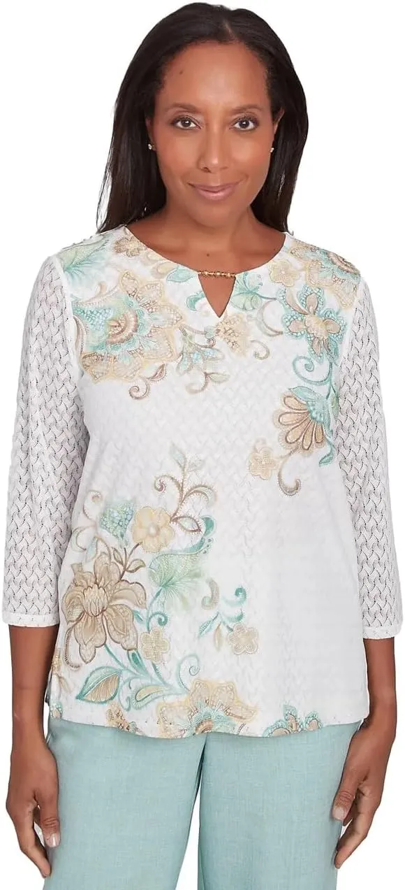 Alfred Dunner Women's Textured Knit Scroll Top, Multi Neutral