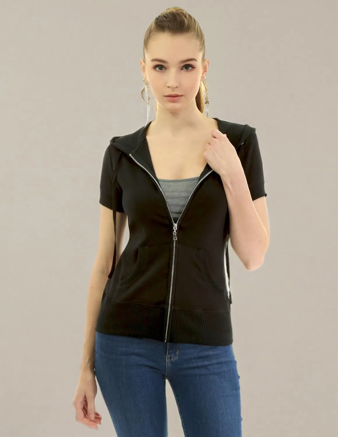 AmélieBoutik Women Cotton Blend Hoodie Zip Up Kangaroo Pocket Short Sleeve Jacket