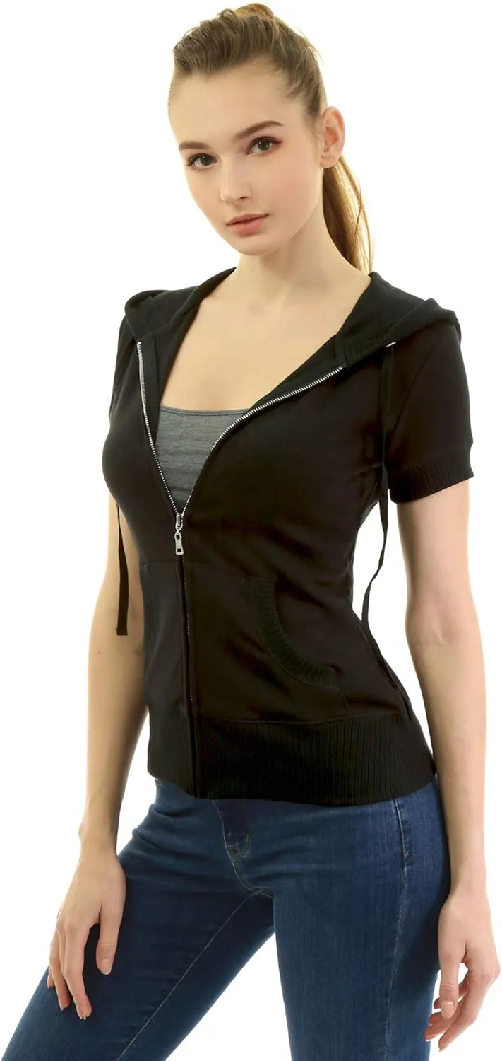AmélieBoutik Women Cotton Blend Hoodie Zip Up Kangaroo Pocket Short Sleeve Jacket