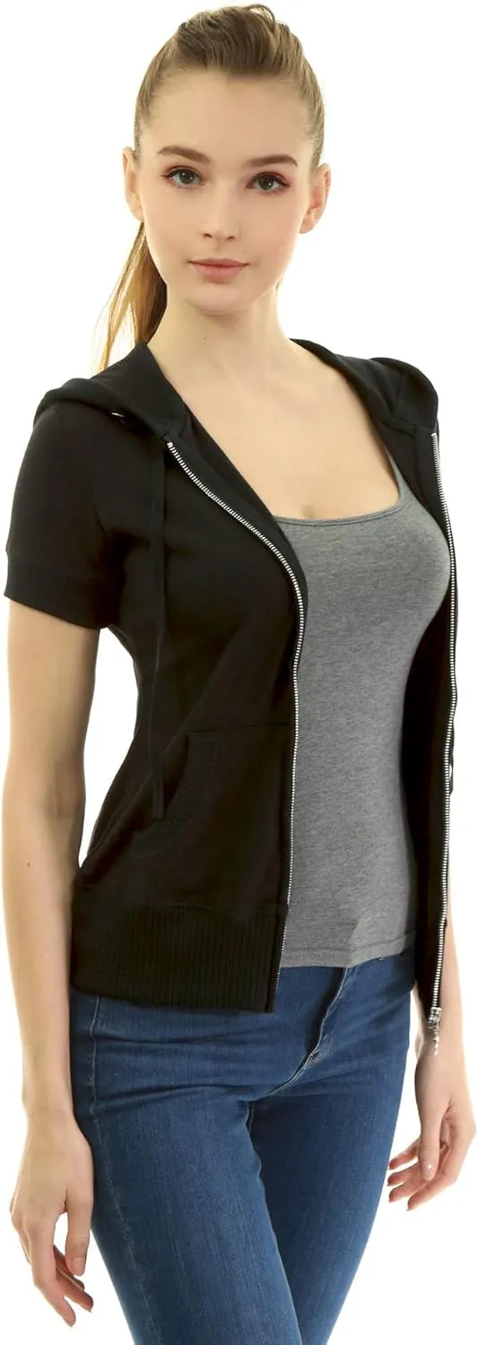 AmélieBoutik Women Cotton Blend Hoodie Zip Up Kangaroo Pocket Short Sleeve Jacket