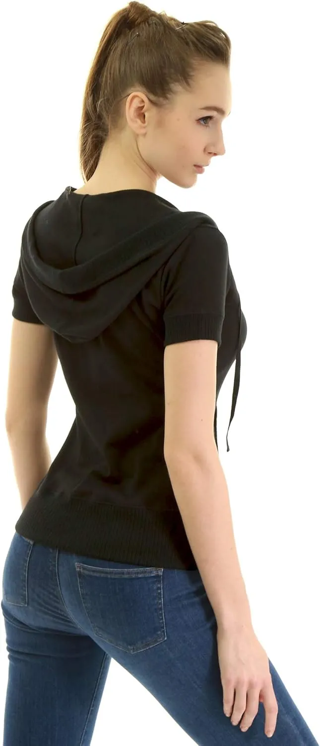 AmélieBoutik Women Cotton Blend Hoodie Zip Up Kangaroo Pocket Short Sleeve Jacket