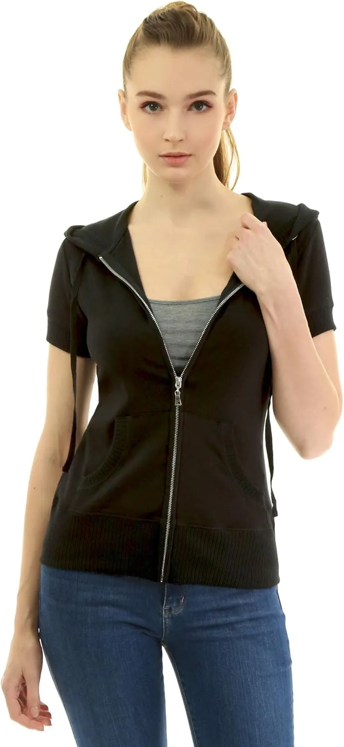 AmélieBoutik Women Cotton Blend Hoodie Zip Up Kangaroo Pocket Short Sleeve Jacket