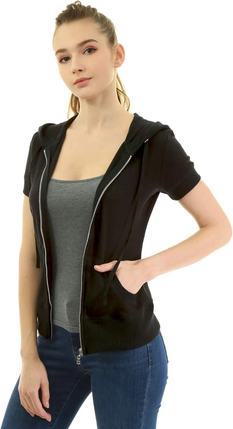 AmélieBoutik Women Cotton Blend Hoodie Zip Up Kangaroo Pocket Short Sleeve Jacket