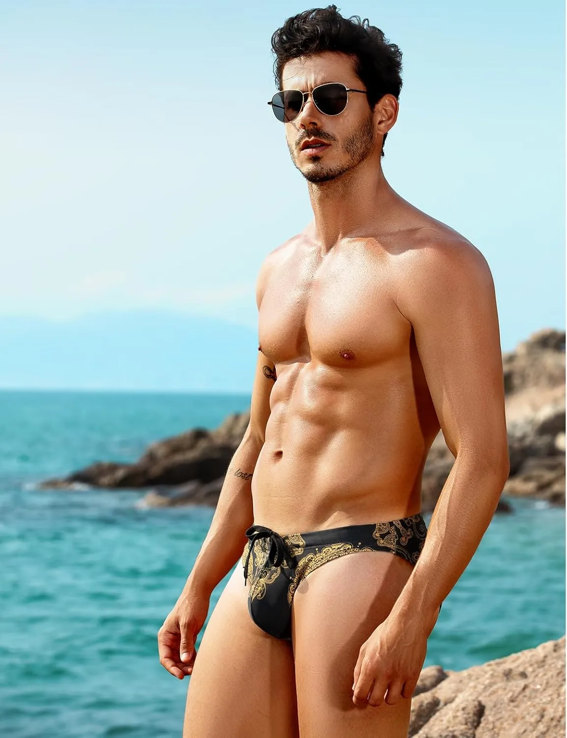 Arjen Kroos Mens Swim Briefs Sexy Bathing Bikini Printed Quick Dry Swimsuit with Drawstring for Men