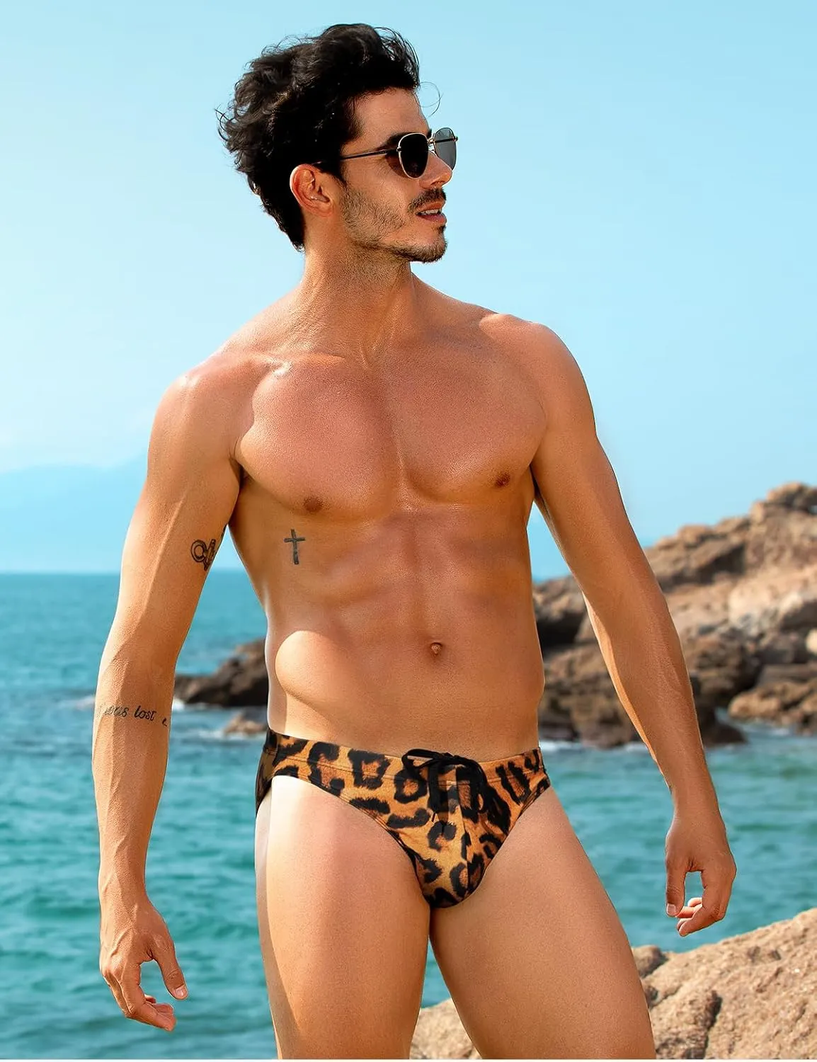 Arjen Kroos Mens Swim Briefs Sexy Bathing Bikini Printed Quick Dry Swimsuit with Drawstring for Men