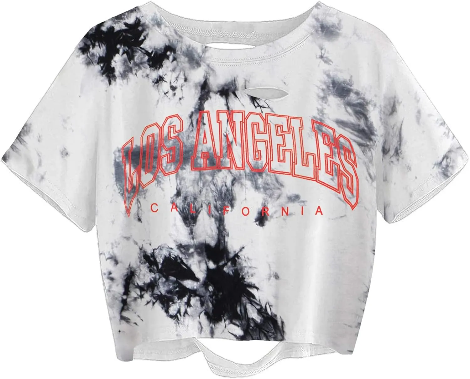 Avanova Women Los Angeles Graphic Distressed Oversized Crop Top Short Sleeve Ripped Boxy Loose Tee Shirt