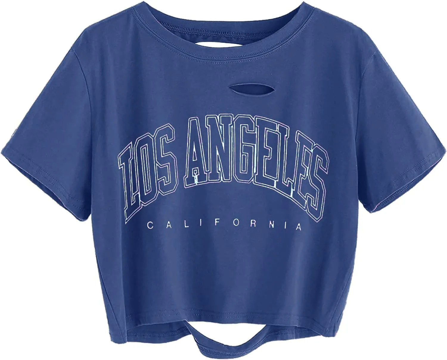 Avanova Women Los Angeles Graphic Distressed Oversized Crop Top Short Sleeve Ripped Boxy Loose Tee Shirt