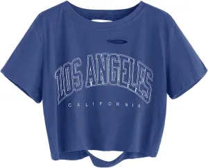 Avanova Women Los Angeles Graphic Distressed Oversized Crop Top Short Sleeve Ripped Boxy Loose Tee Shirt