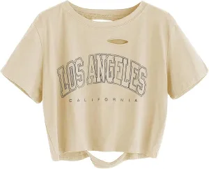 Avanova Women Los Angeles Graphic Distressed Oversized Crop Top Short Sleeve Ripped Boxy Loose Tee Shirt