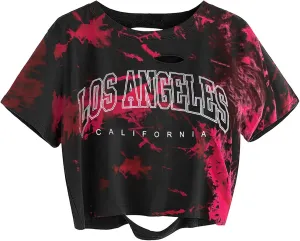 Avanova Women Los Angeles Graphic Distressed Oversized Crop Top Short Sleeve Ripped Boxy Loose Tee Shirt