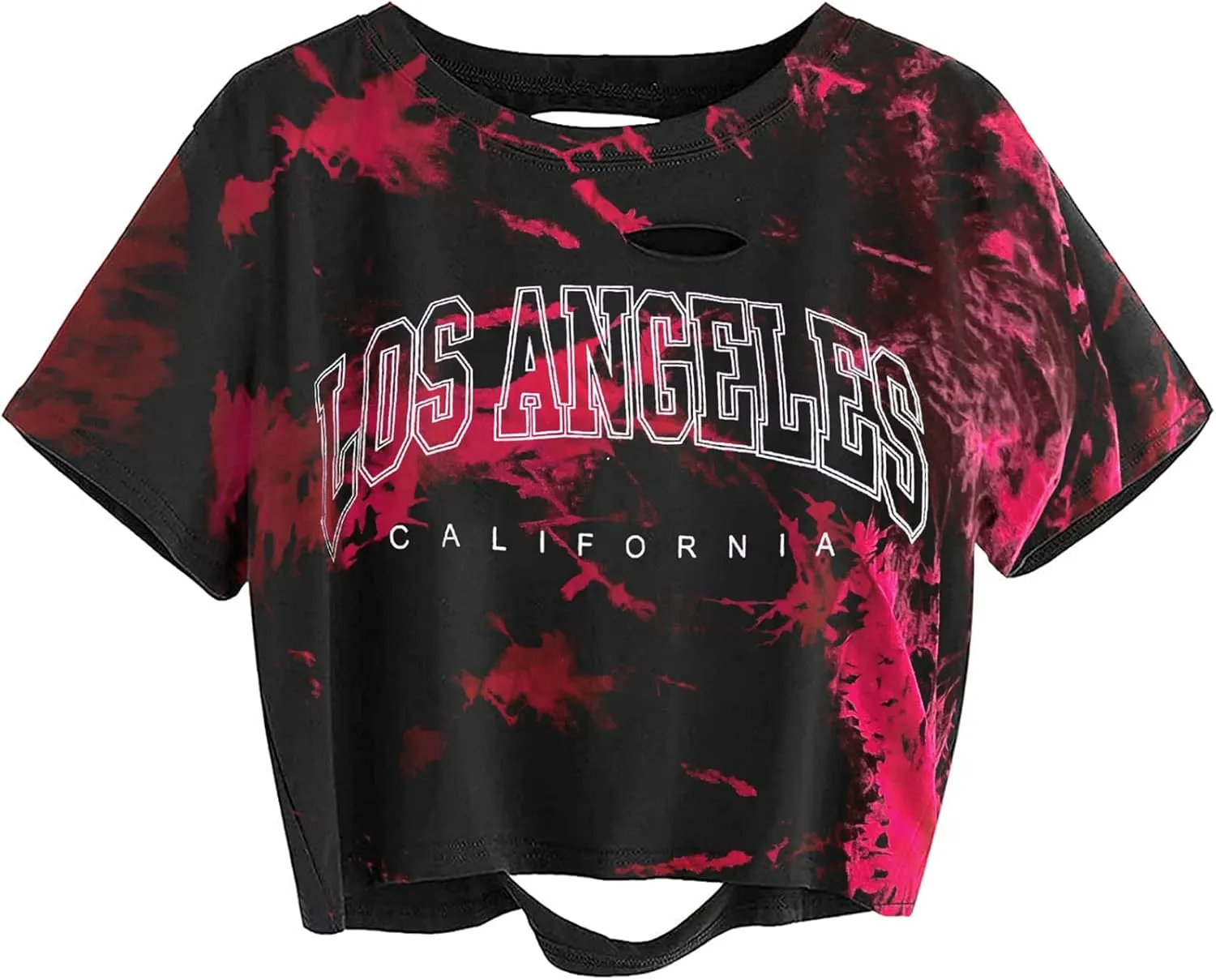 Avanova Women Los Angeles Graphic Distressed Oversized Crop Top Short Sleeve Ripped Boxy Loose Tee Shirt