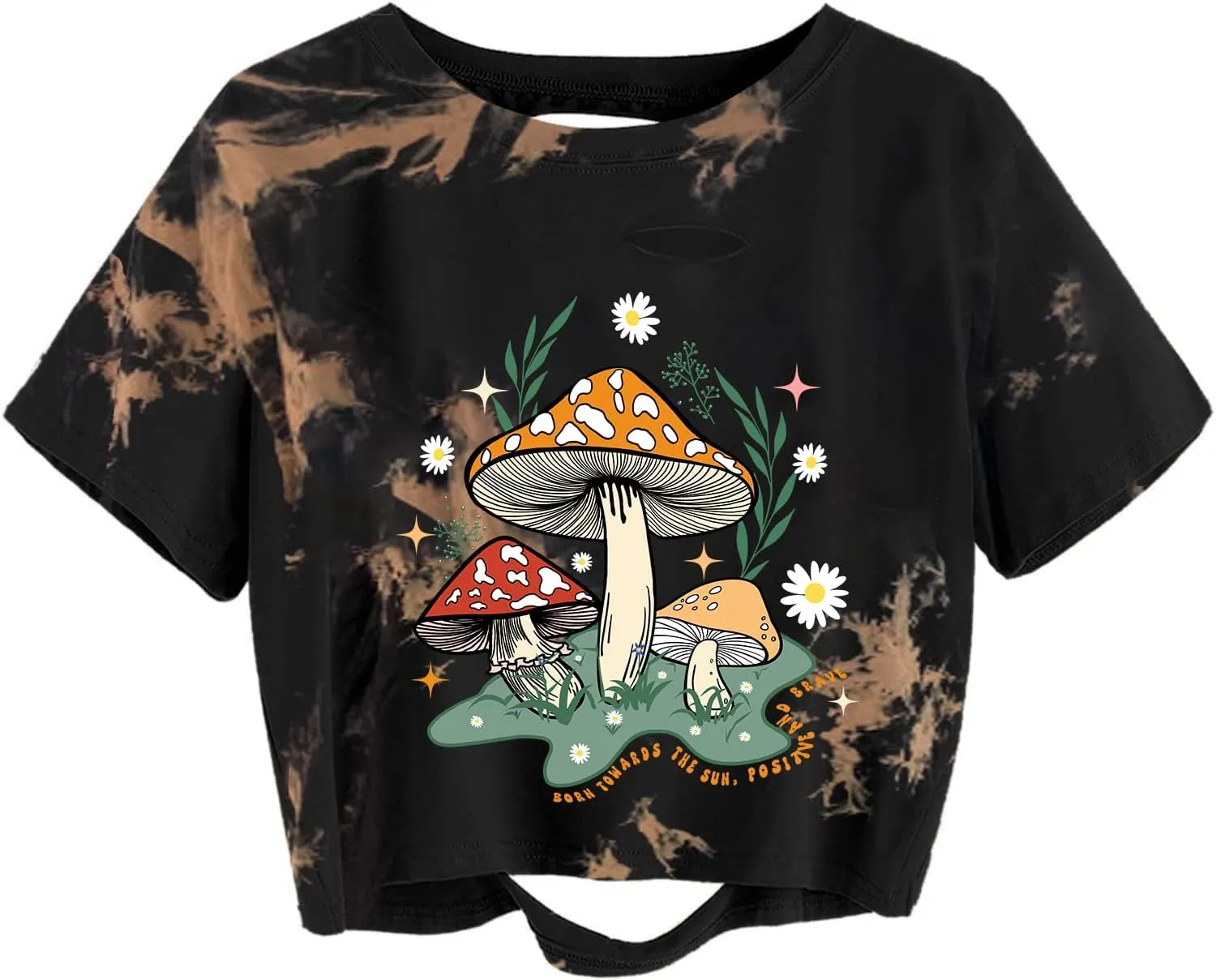 Avanova Women Skull Finger Graphic Distressed Tee Shirt Ripped Short Sleeve Crop Tops