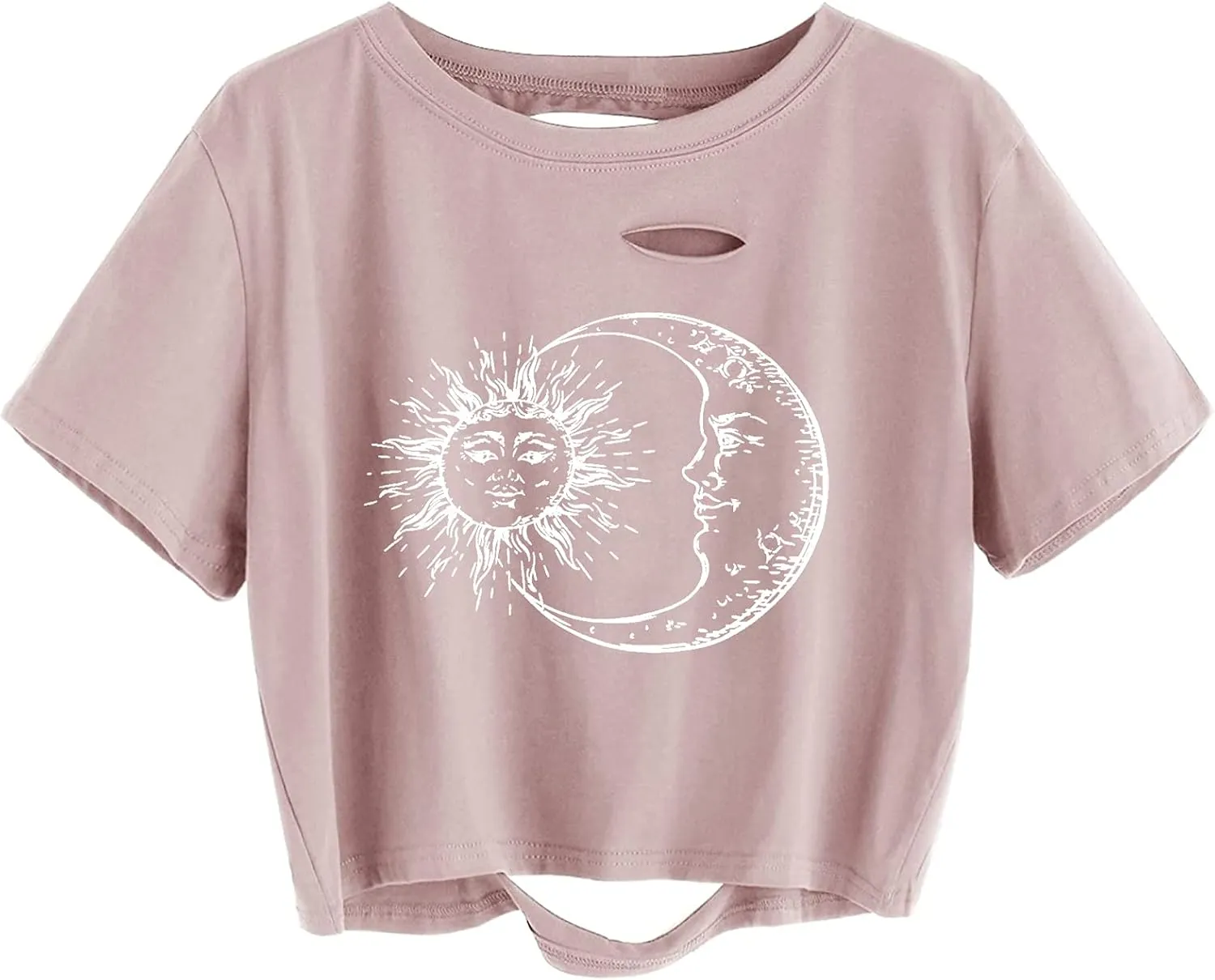 Avanova Women Sun Moon Graphic Distressed Crop Top Oversized Short Sleeve Ripped Tee Shirt