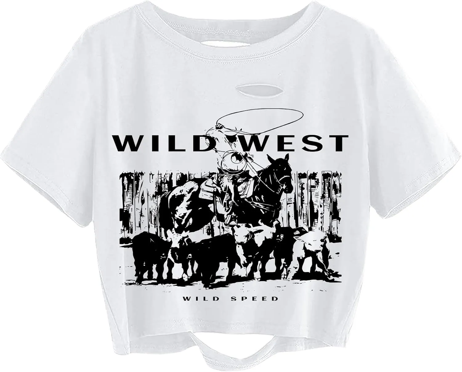 Avanova Women Sun Moon Graphic Distressed Crop Top Oversized Short Sleeve Ripped Tee Shirt