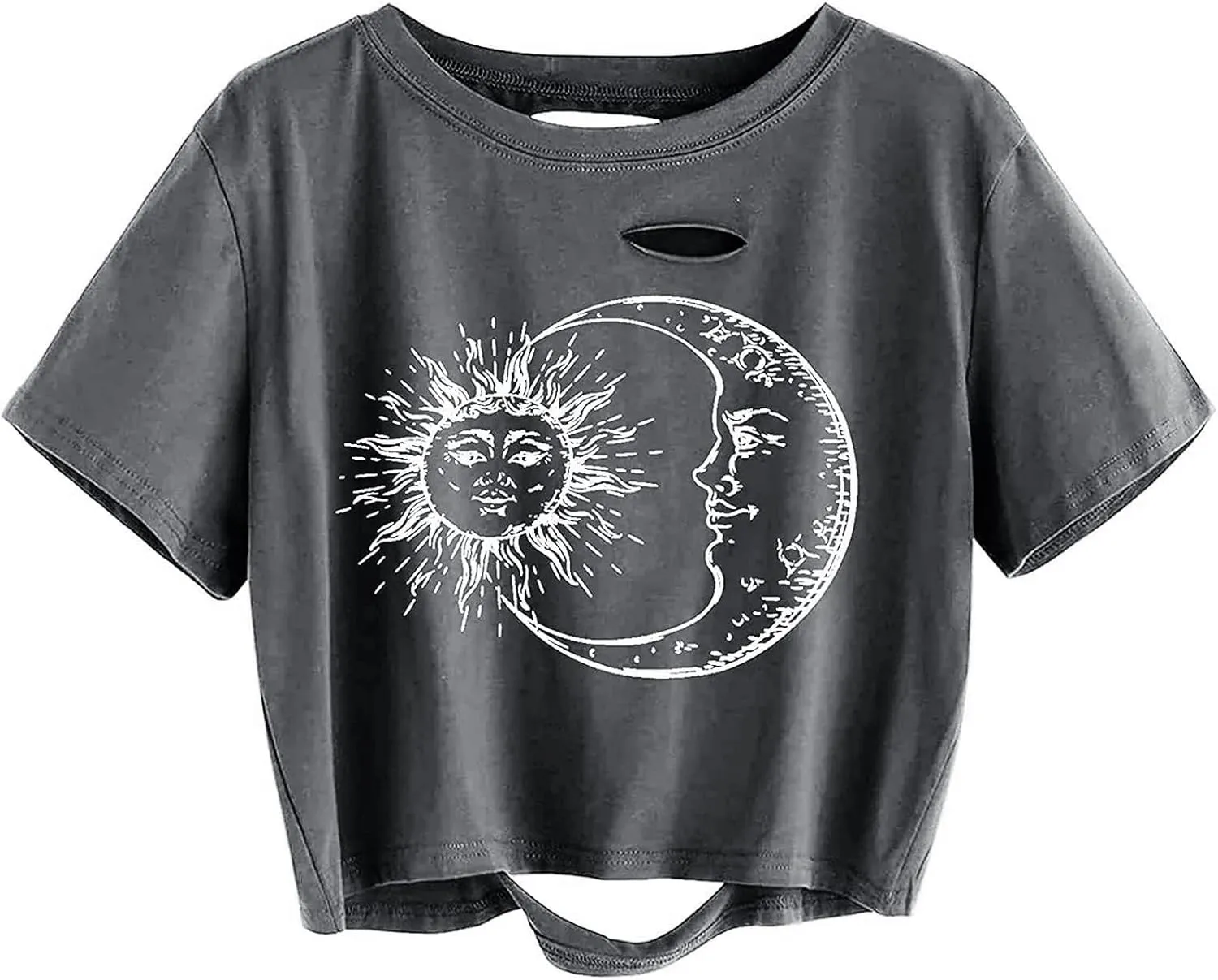 Avanova Women Sun Moon Graphic Distressed Crop Top Oversized Short Sleeve Ripped Tee Shirt