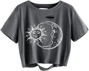 Avanova Women Sun Moon Graphic Distressed Crop Top Oversized Short Sleeve Ripped Tee Shirt