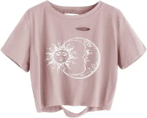 Avanova Women Sun Moon Graphic Distressed Crop Top Oversized Short Sleeve Ripped Tee Shirt