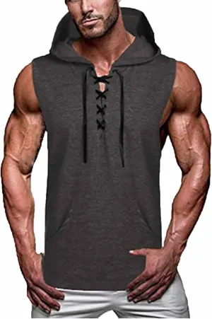 Big and Tall Sleeveless Hoodies for Men Men's Lace up Workout Hooded Tank Tops Training Fitness Sleeveless Hoodies