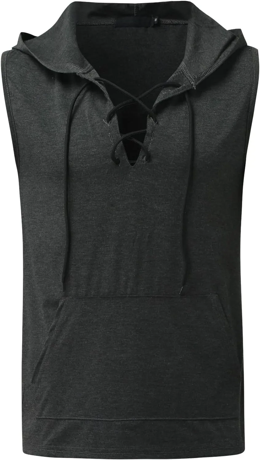 Big and Tall Sleeveless Hoodies for Men Men's Lace up Workout Hooded Tank Tops Training Fitness Sleeveless Hoodies