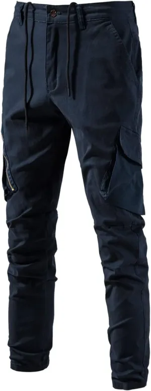 Cargo Pants for Men Men's Solid Drawtring Reguard Tapered Elastic Waist Hiking Cargo Pants Trousers with Multi-Pockets