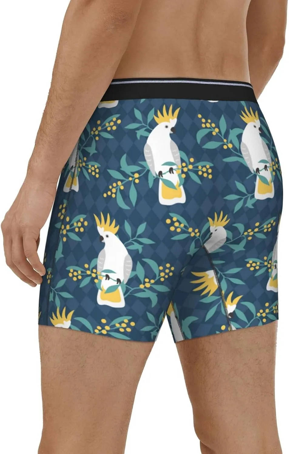 Cartoon Cute Cockatoo Plant Mens Extended Underwear Length Boxer Briefs Comfort Breathable Underwear For Men