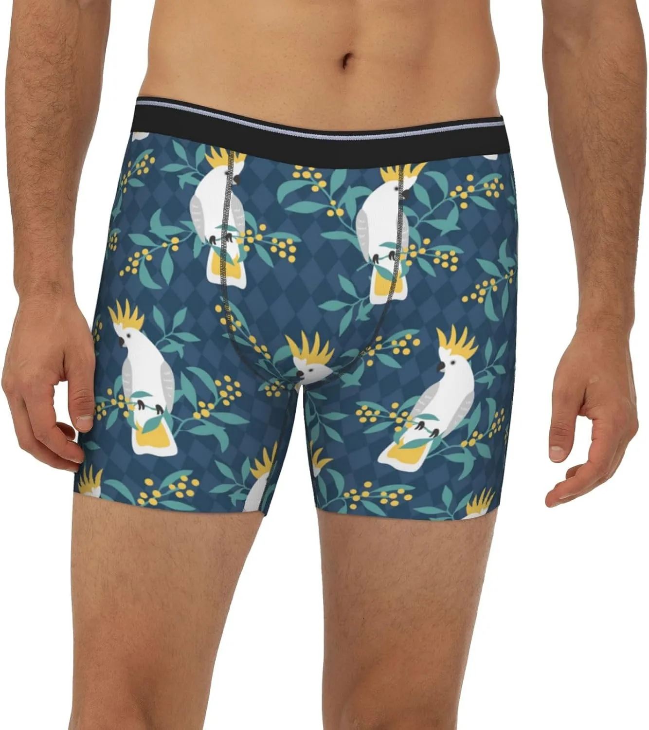 Cartoon Cute Cockatoo Plant Mens Extended Underwear Length Boxer Briefs Comfort Breathable Underwear For Men