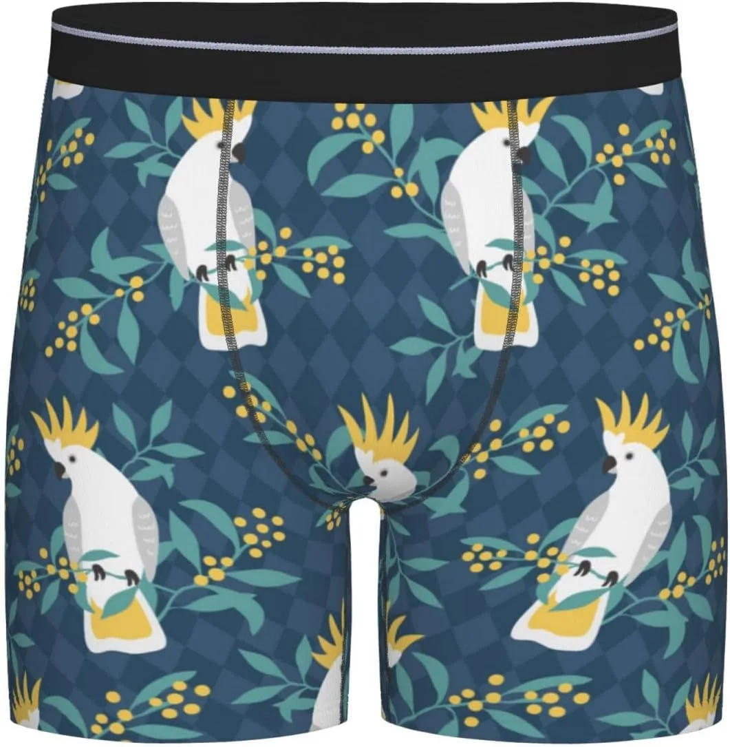 Cartoon Cute Cockatoo Plant Mens Extended Underwear Length Boxer Briefs Comfort Breathable Underwear For Men