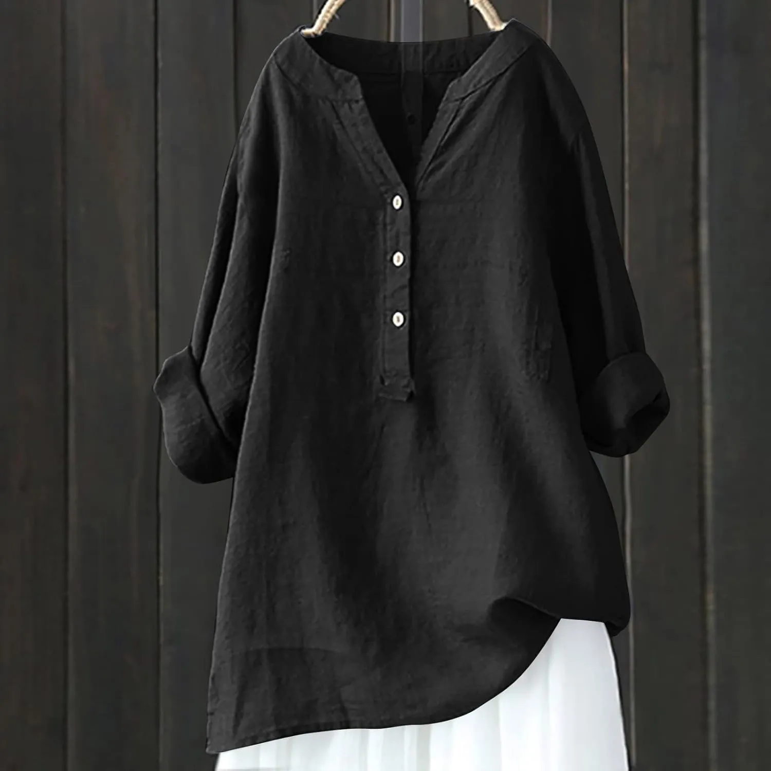 Ceboyel Women Cotton Linen Shirts Button Down Summer Blouse Roll-Up Sleeve Tops Tunic Trendy Boho Ladies Clothes 2023