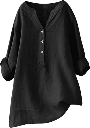 Ceboyel Women Cotton Linen Shirts Button Down Summer Blouse Roll-Up Sleeve Tops Tunic Trendy Boho Ladies Clothes 2023